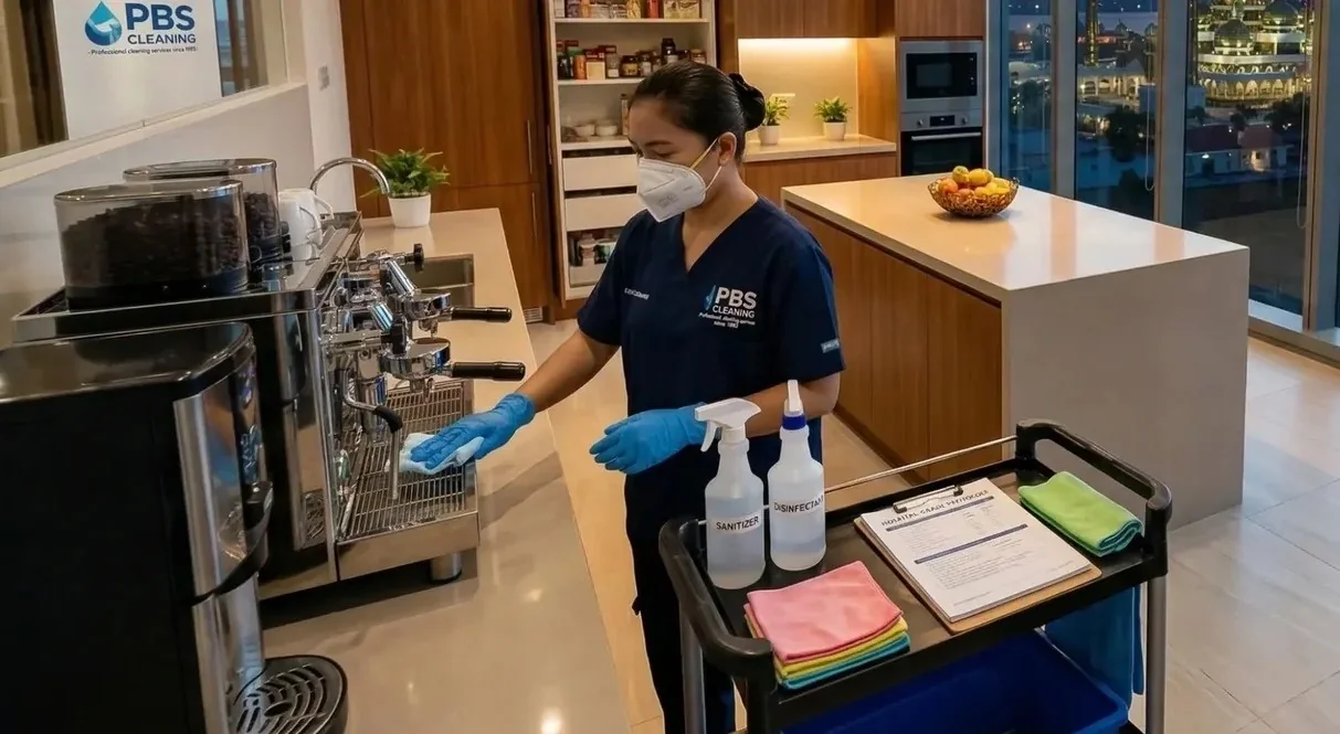 PBS cleaner wiping a commercial breakroom counter