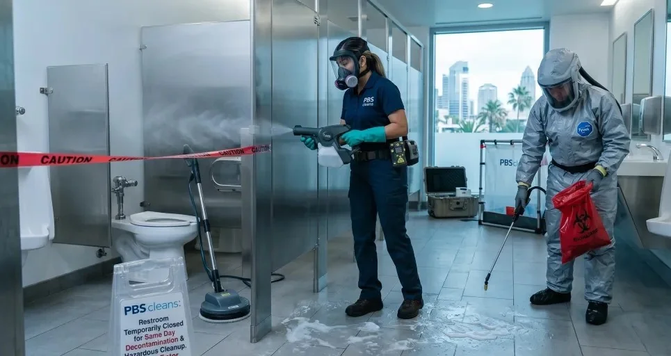 Cleaning crew disinfecting a commercial restroom