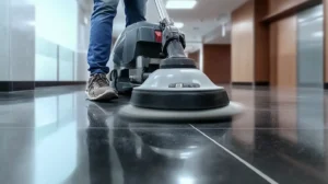 Commercial floor stripping machine removing old finish from VCT tile